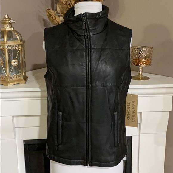 Brandon Thomas Jackets & Blazers - Brandon Thomas Black Leather Full Zip Quilted Vest